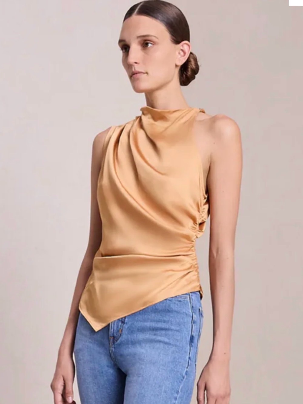 A.L.C. Jones Asymmetrical Top Draped Satin High-Neck Tank Top Tawny (Orig $325)